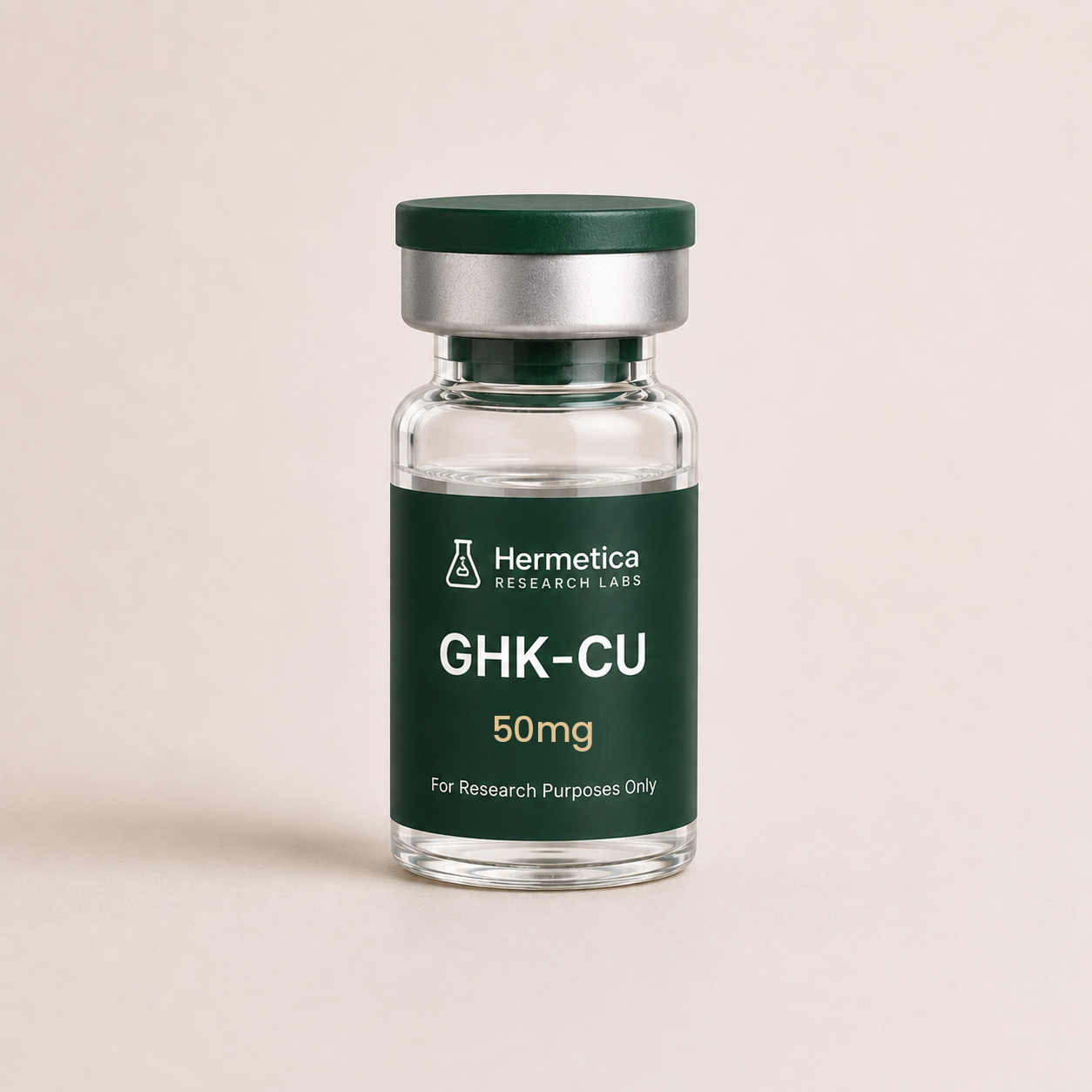 GHK-Cu 50mg research peptide vial — third-party tested, Hermetica Research Labs