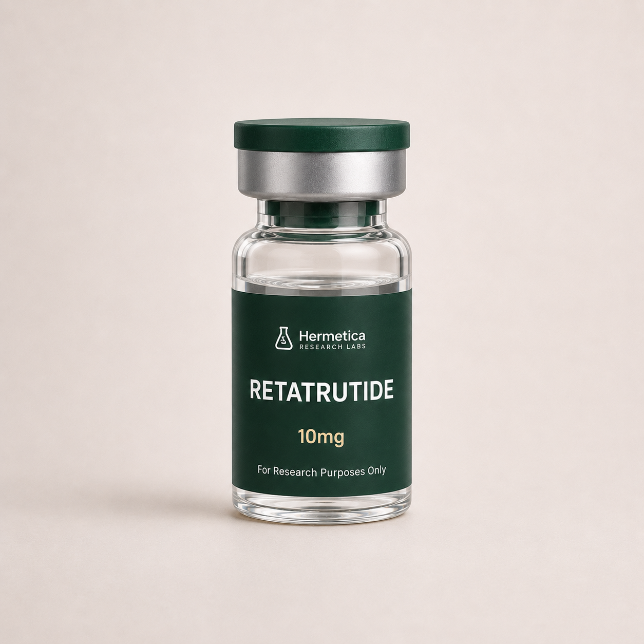 Retatrutide 10mg research peptide vial — third-party tested, Hermetica Research Labs