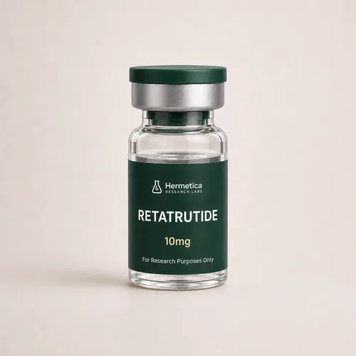 Retatrutide 10mg research peptide vial — third-party tested, Hermetica Research Labs