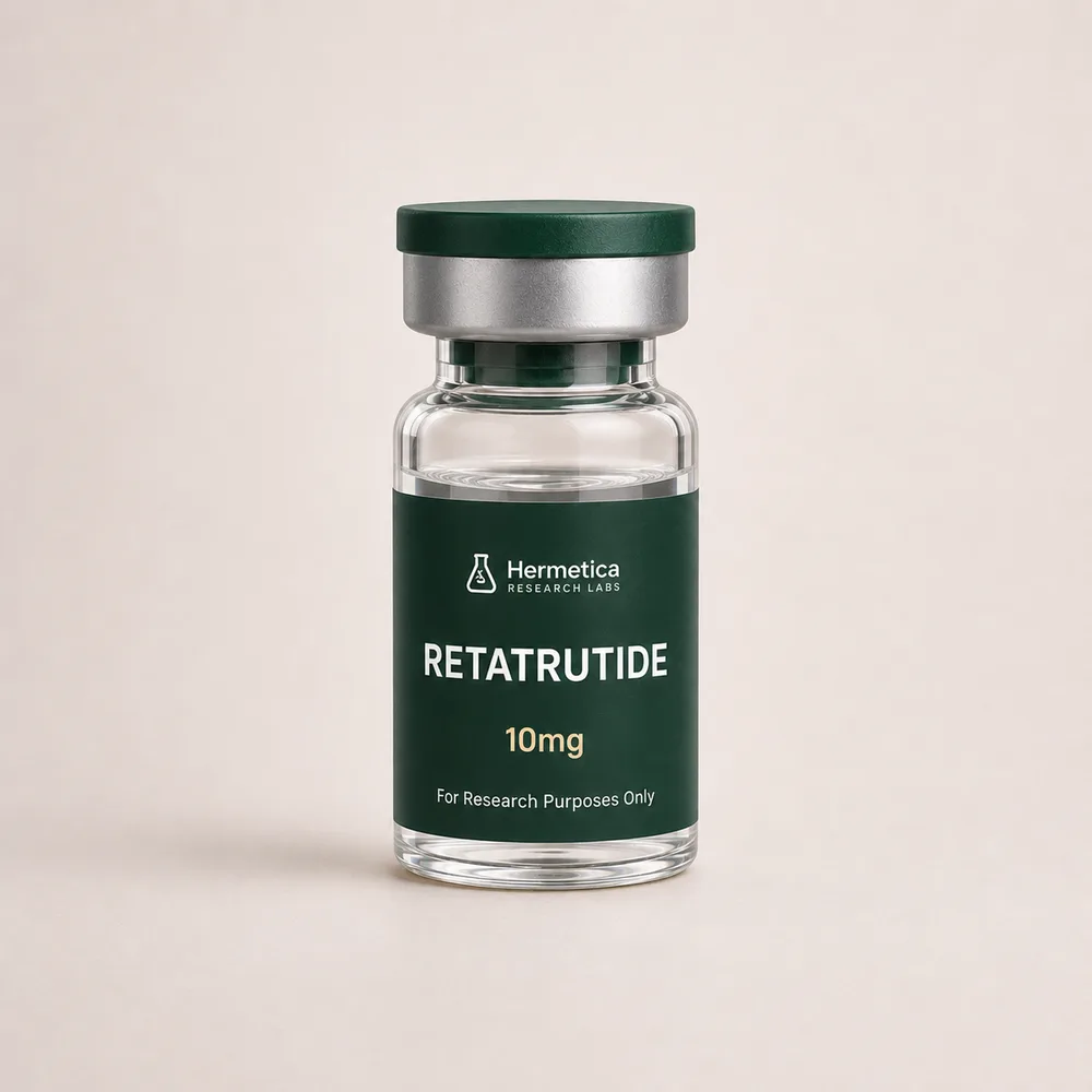 Retatrutide 10mg research peptide vial — third-party tested, Hermetica Research Labs