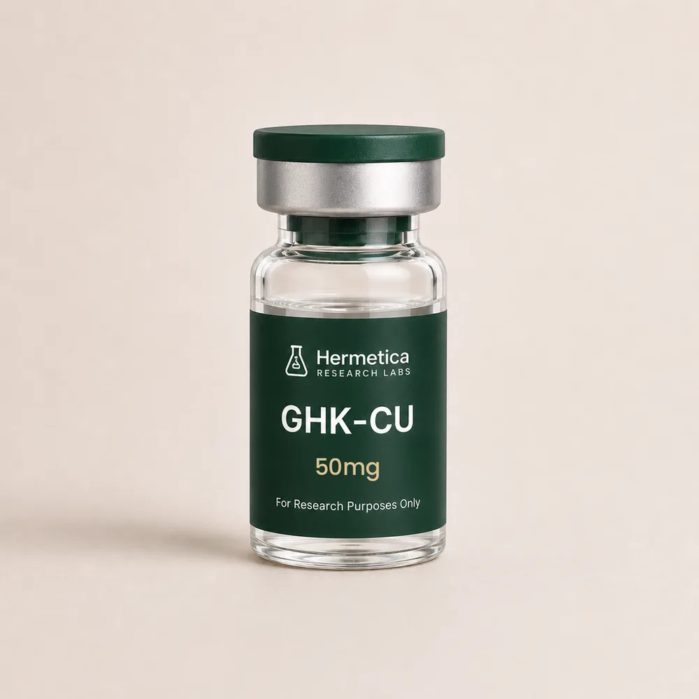 GHK-Cu 50mg research peptide vial — third-party tested, Hermetica Research Labs