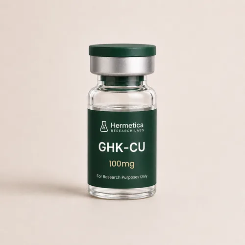 GHK-Cu 100mg research peptide vial — third-party tested, Hermetica Research Labs