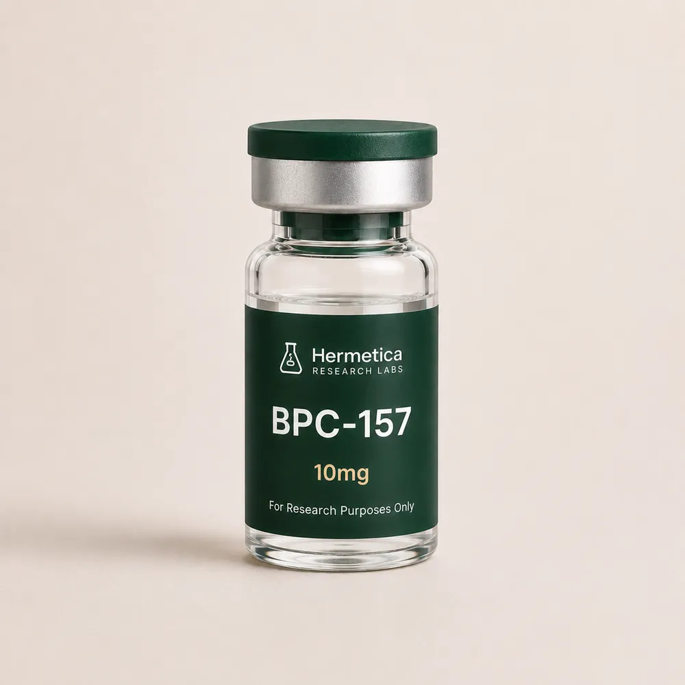 BPC-157 10mg research peptide vial — third-party tested, Hermetica Research Labs